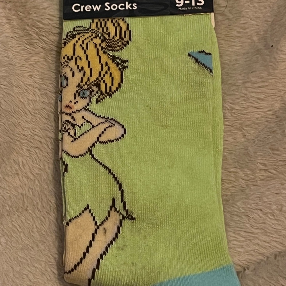 NWT Disney Tinkerbell Green Crew Socks with Peter Pan Tink Design